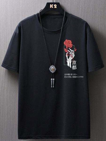 

men japanese letter & floral print drop shoulder tee q7uf#, White;black