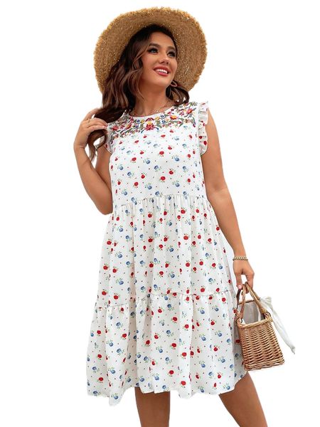 

plus allover floral print ruffle hem smock dress h92k#, Black