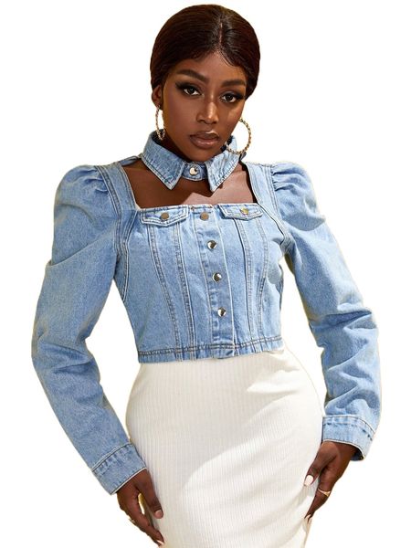 

sxy puff sleeve choker neck denim jacket h5j3#, Black;brown