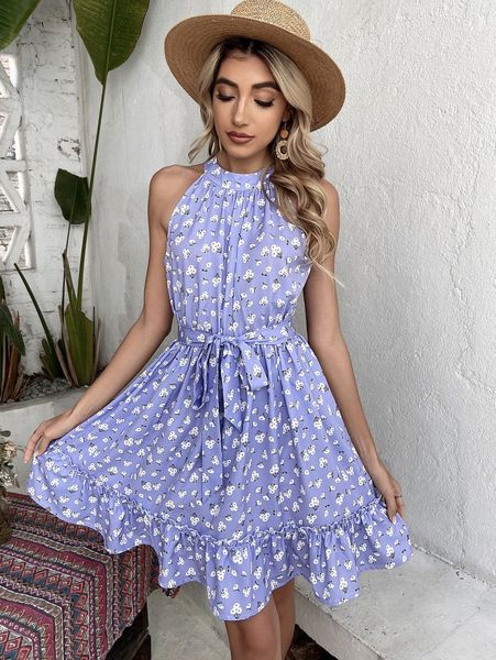 

ditsy floral ruffle hem belted halter dress y1lz#, Black;gray