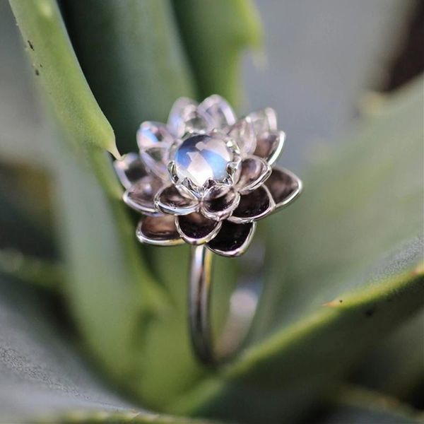 

cluster rings fashion small fresh moonstones white lotus flower crystal zircon engagement proposal ring women wedding anniversary gift, Golden;silver