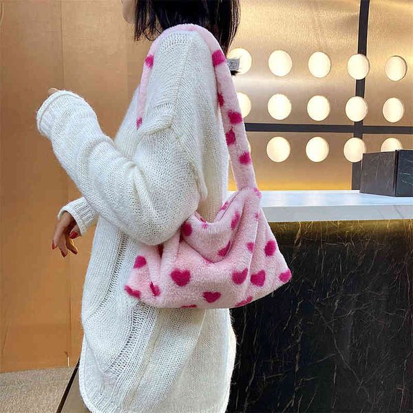 

evening bags 2022 ins fashion women plush flower pattern shoulder elegant female underarm fur handbag furry fluffy tote design 220630