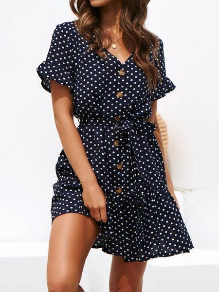 

ladies summer beach chiffon dress casual short sleeve polka dot mini party dress elegant v neck sundress, Black;gray