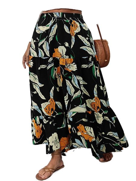 

plus floral print ruffle hem skirt a8ej#, Black