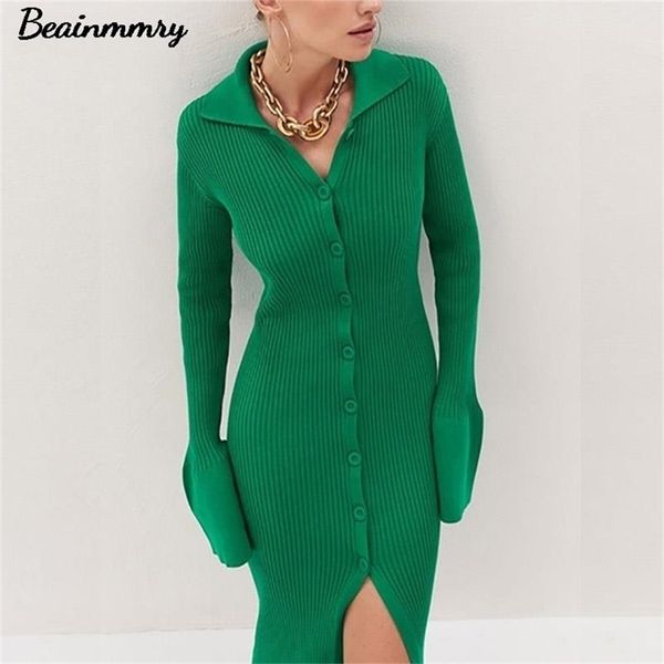 

y2k women bodycon knitted dress lady single breasted lanter sleeve elegant female turn down collar mid split slim dresses autumn 220316, Black;gray
