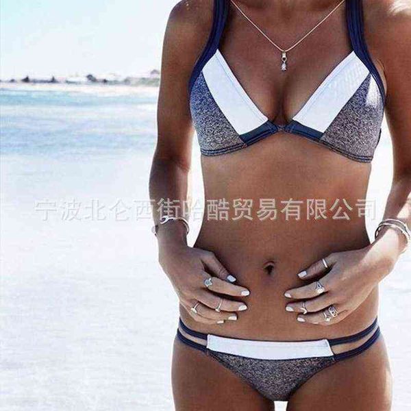 

grey stitched hemp bikini swimsuit, White;black