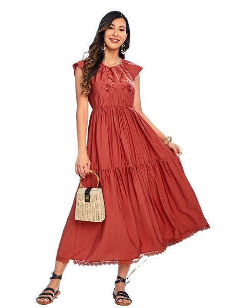 

floral embroidered guipure lace trim dress g9n4#, Black;gray