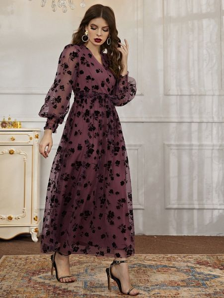 

allover floral print bishop sleeve wrap belted mesh dress t0kt#, Black;gray