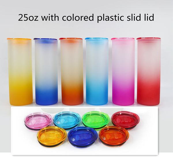 

20oz gradient colors glass tumblers sublimation skinny tumbler blank frosted glasses water bottle printing tumblers with colored slid lid &