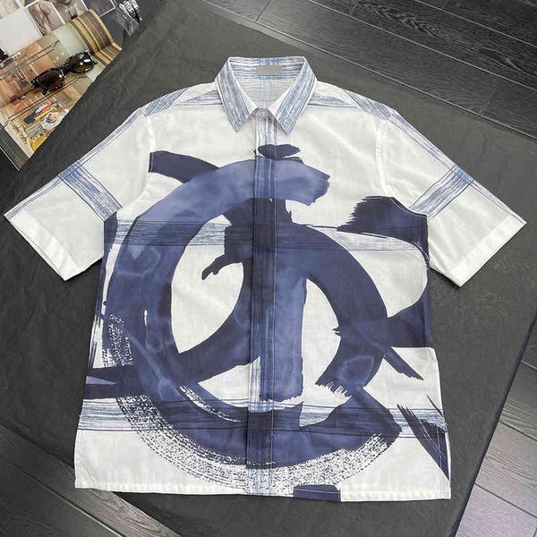 

women's blouses shirts hand-painted printing graffiti ink short sleeved shirt single breasted cool air art top, White