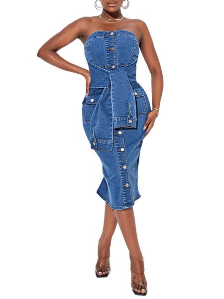 

sxy flap pocket slit back draped button front tube denim dress g0fv#, Black;gray