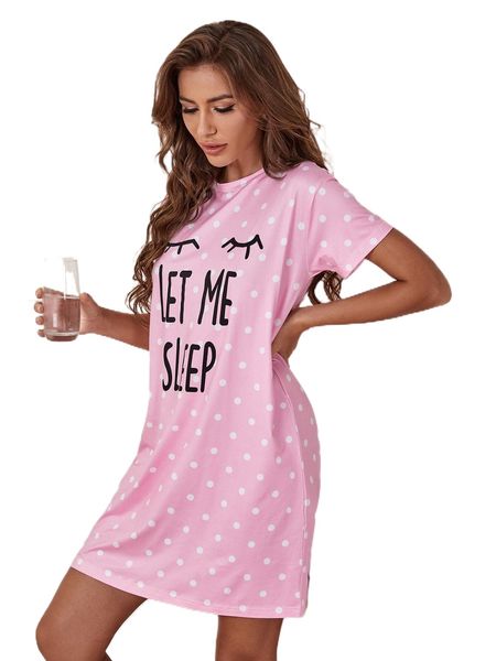 

slogan and polka dot print night dress q3s0#, Black;red