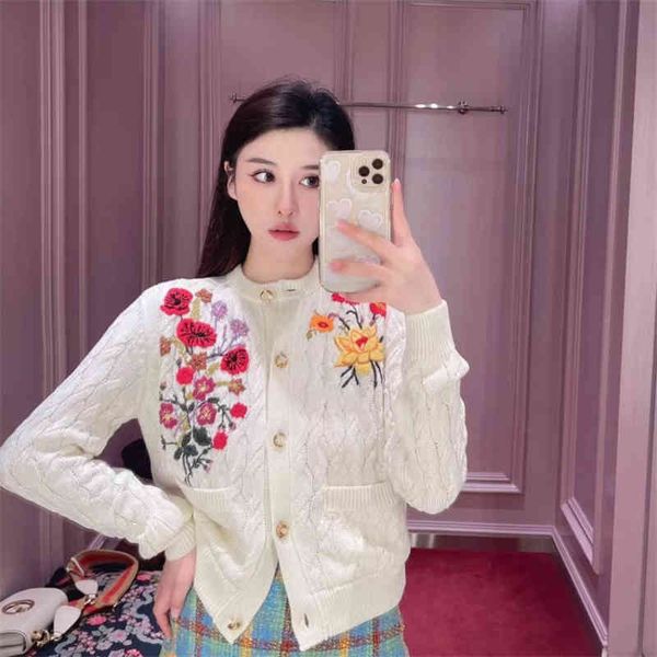 

women's knits & tees high version autumn style small flavor heavy industry embroidery flower round neck long sleeve knitted cardigan fe, White