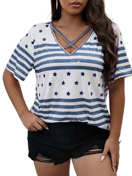 

plus star & striped print crisscross front tee w4en#, Black