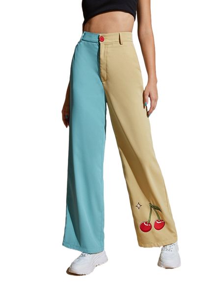 

x squid house cherry print two tone pants l3ho#, Black;white