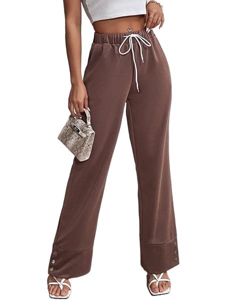 

drawstring waist button hem pants w7di#, Black;white