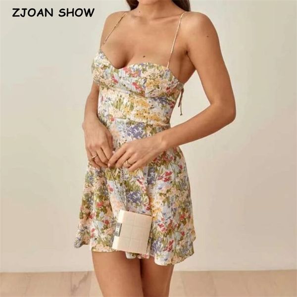 

retro french yellow green floral grass print spaghetti strap dress women lacing up sling short dresses holiday robe 220511, Black;gray