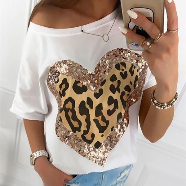 Fashionsequinhado coração leopardo impresso casual black branco camisa o-pescoço elegante tees senhora mulheres mulheres tops manga curta g1765 220318