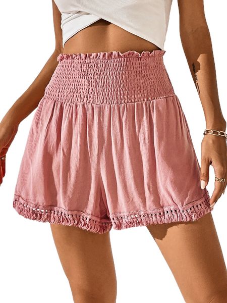 

shirred waist frill trim shorts f8fa#, White;black