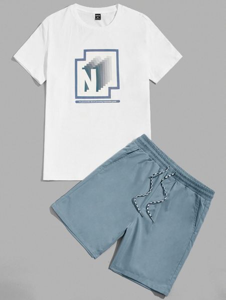 

men slogan graphic tee & drawstring waist shorts set g0yf#, Gray