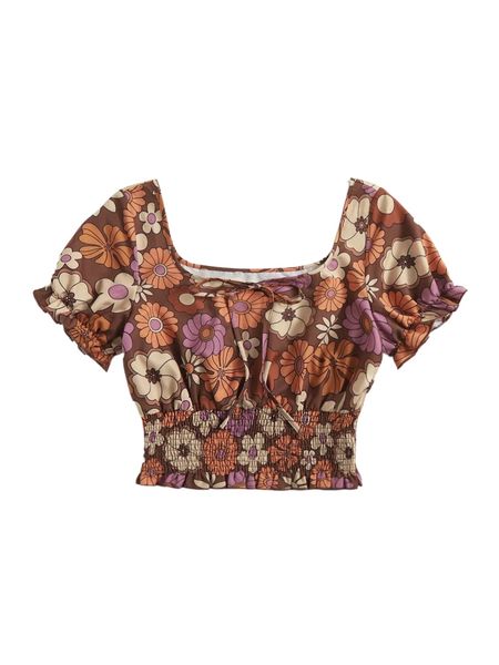 

romwe x goldendazeillustration floral print shirred knot blouse c8gg#, White