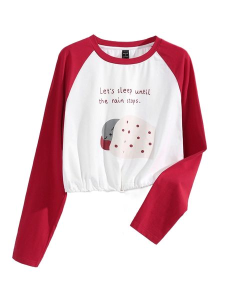 

x wang xx colorblock cartoon & slogan graphic drawstring hem crop tee m8dc#, White