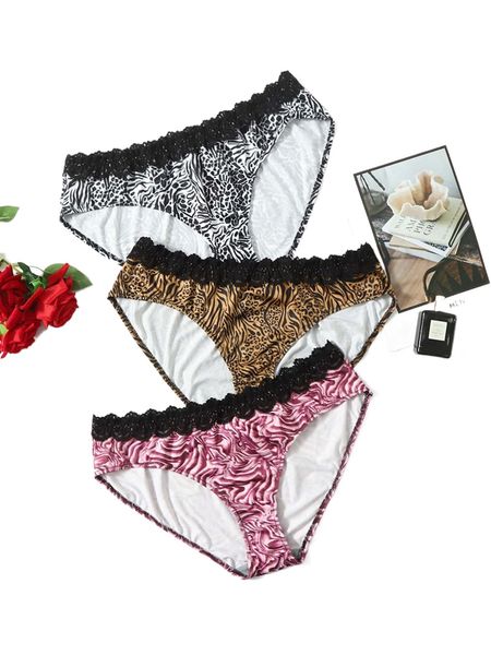 

plus 3pack zebra stripe & leopard print contrast lace panty set 59ik#, Black;white