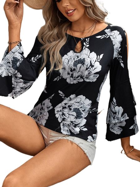 

floral print keyhole neckline split flounce sleeve tee d3ae#, White