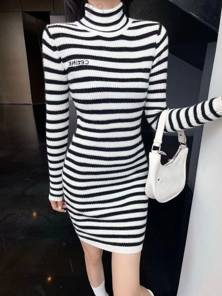 

casual dresses designer ce home embroidery letter classic stripe dress women's autumn and winter high neck slim fit hip wrap skirt fz20, Black;gray
