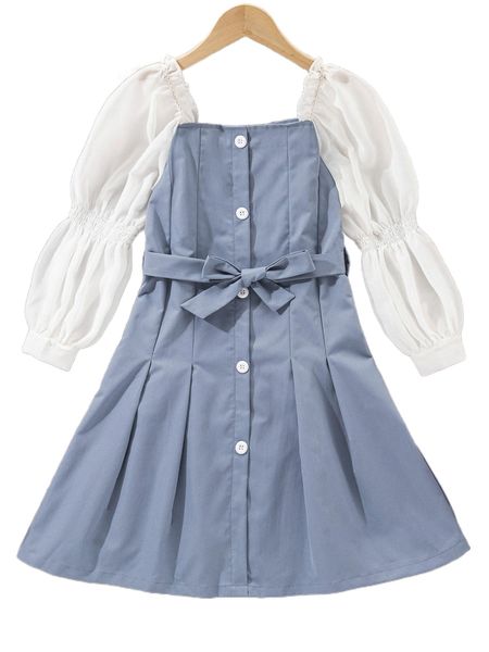 

girls colorblock gathered sleeve belted dress 41di#, Black;white