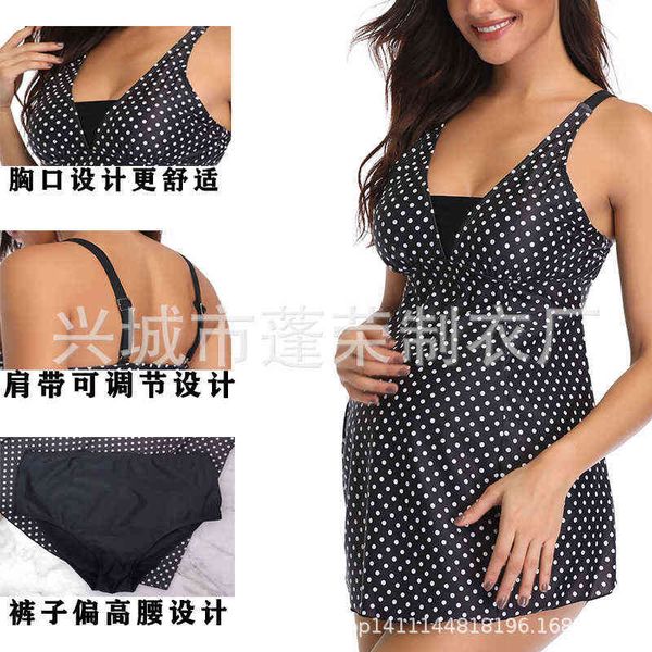 

split skirt wave dot printed maternity swimsuit, White;black