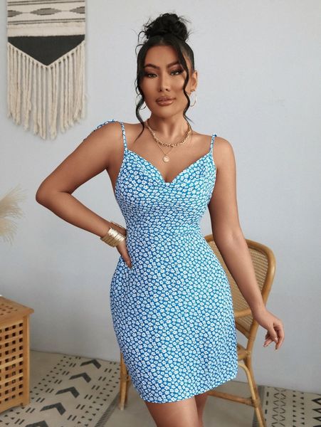 

ditsy floral tie shoulder backless cami dress 34k8#, Black;gray