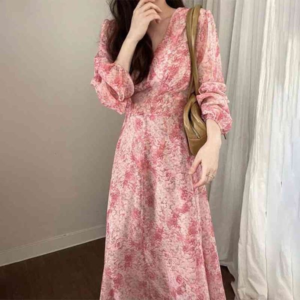 

casual dresses spring 2022 french pink v-neck floral dress female design sense of minority tea break chiffon dress e269, Black;gray