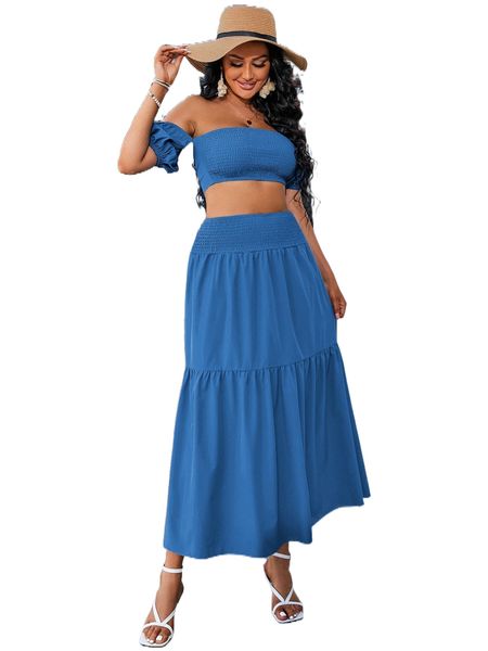 

off shoulder shirred puff sleeve backless knot & ruffle hem skirt w3tr#, White