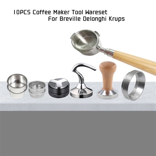 10PCS Kaffee Bodenlose Siebträger Espresso Coffeeware Set 51mm Korb Breville Krups Holzgriff Filterhalter 210309