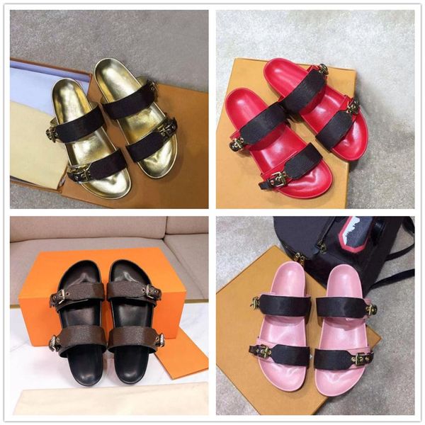 

2021 designer man slippers leather sandal slides 2 straps with adjusted gold buckles women summer flip flops have box size 35-42231a, Black