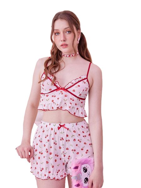 

kawaii cherry print frill contrast binding lingerie set q5ac#, Black;red