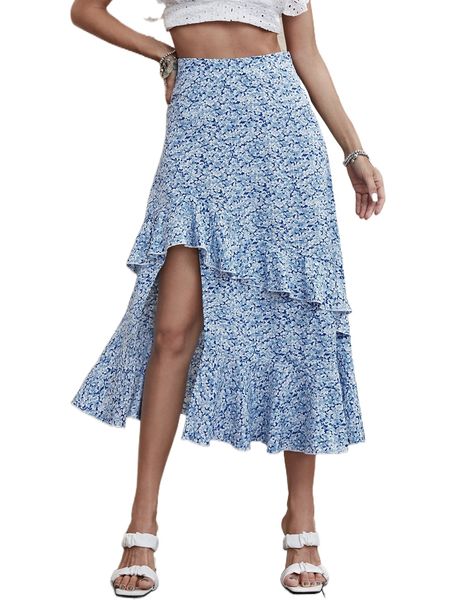 

ditsy floral print ruffle trim split thigh skirt z7do#, Black