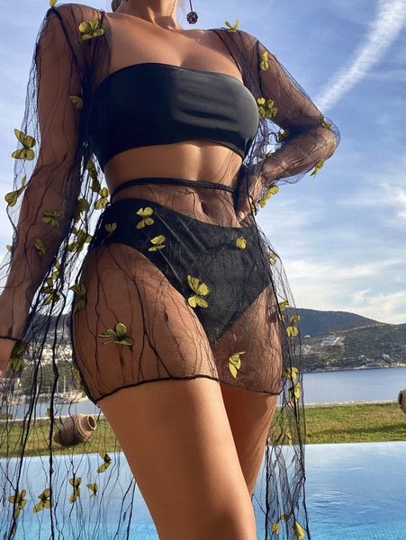 

butterfly appliques bandeau bikini swimsuit with cover up set q0ne#, White;black