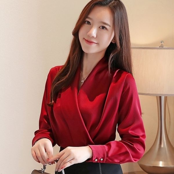 

autumn korean fashion silk women blouses satin solid womens and blouses plus size xxl pink long sleeve women shirts y200402, White