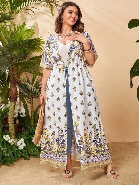 

plus floral print tie front kimono f5h3#, Black;gray