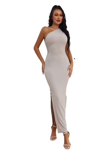 

one shoulder slit thigh bodycon dress 75el#, Black;gray