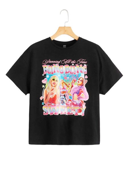 

drop shoulder figure & slogan graphic tee d1hp#, White