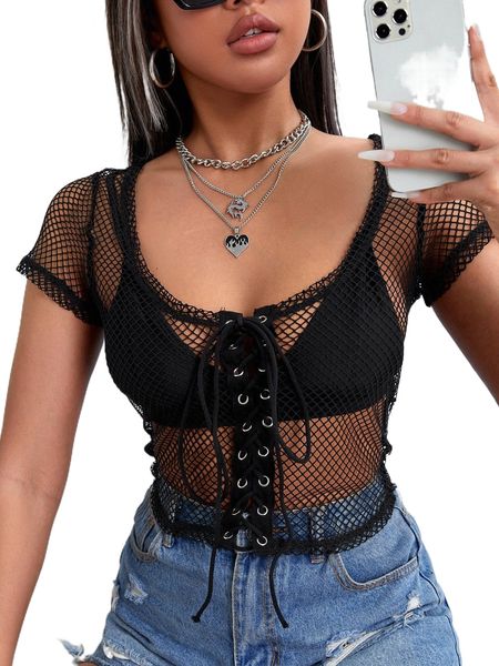 

lace up sheer mesh 17bk#, White