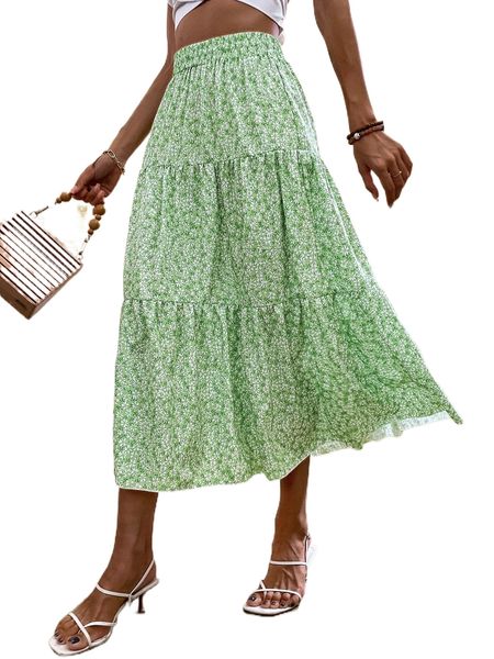 

ditsy floral print ruffle hem skirt c67y#, Black