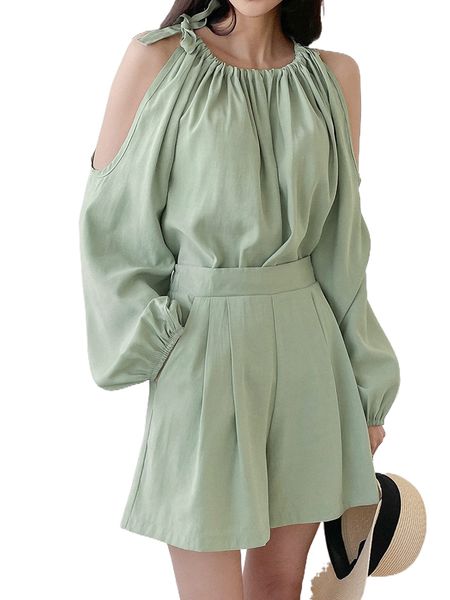 

dazy knot cold shoulder lantern sleeve & wide leg shorts a4zp#, White