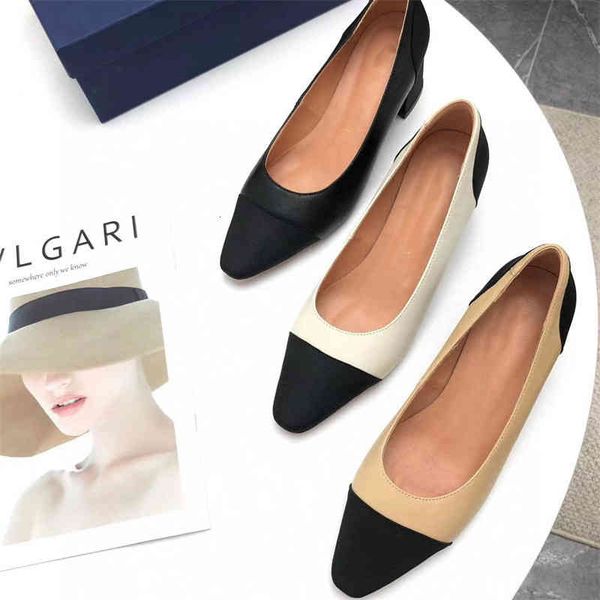 

sandals leather color matching thick heels french high women's spring small fragrance shallow mouth single shoes middle heel, Black