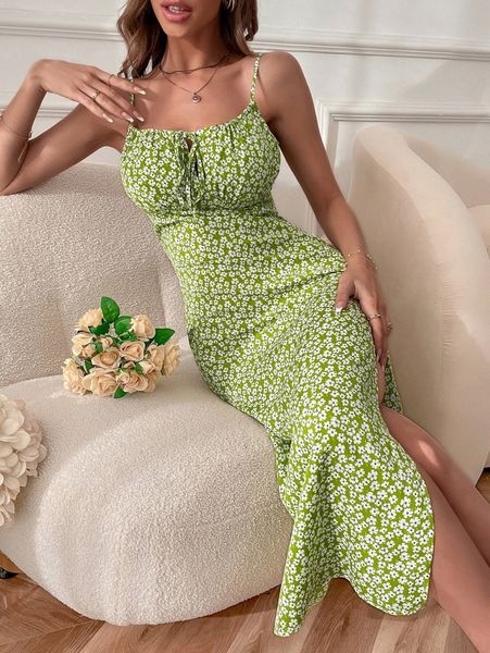 

ditsy floral print tie front split thigh cami dress 89i5#, Black;gray