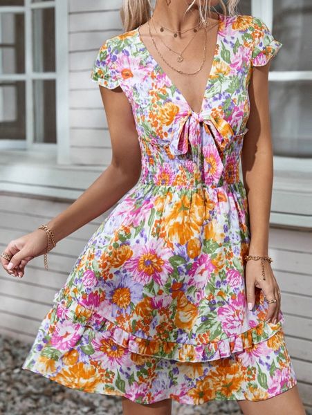 

allover floral tie front shirred waist layered ruffle hem dress o6rs#, Black;gray