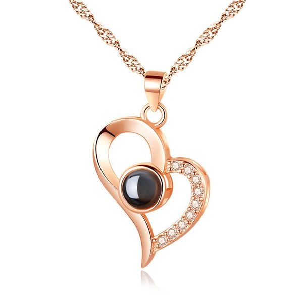 Anhänger-Halsketten, modisches Valentinstagsgeschenk, 18 Karat Roségold vergoldet, romantischer Schmuck, „I Love You“-Kristall-Herz-Ketten-Halskette für Liebhaber. Anhänger